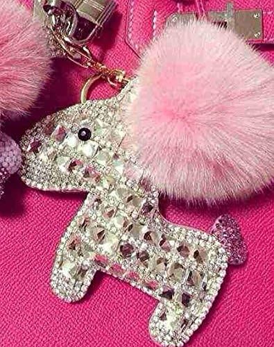 Sparkly Horse Charm Keychains Pink Fox Fur Pompoms Puffy Ball Keyring Girls Purse Charm