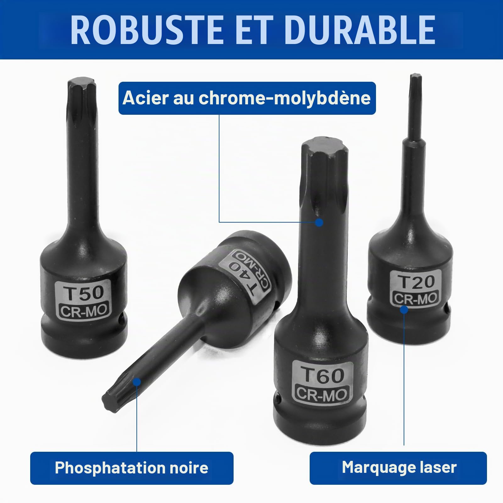 DAKCOS Jeu de 10 Douilles impact douilles à choc 1/2", Douille T20 - T80, en CR-MO