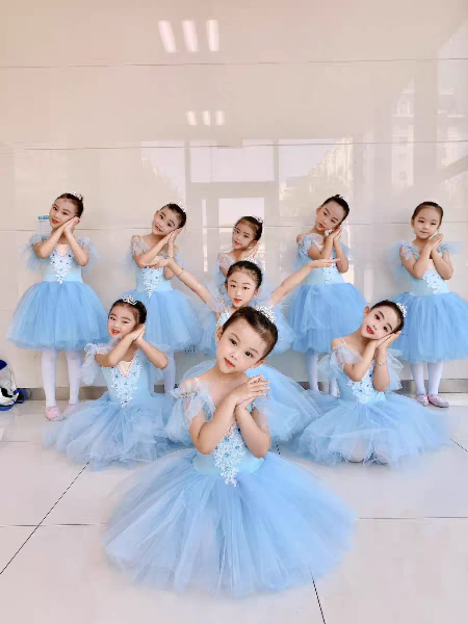 OTMYIGO Disfraz de Bailarina de Princesa para niñas, Vestido de Ballet tutú de Leotardo Largo sin Mangas para niñas, Disfraz de competición de Patinaje artístico para niñas,Light Blue,M