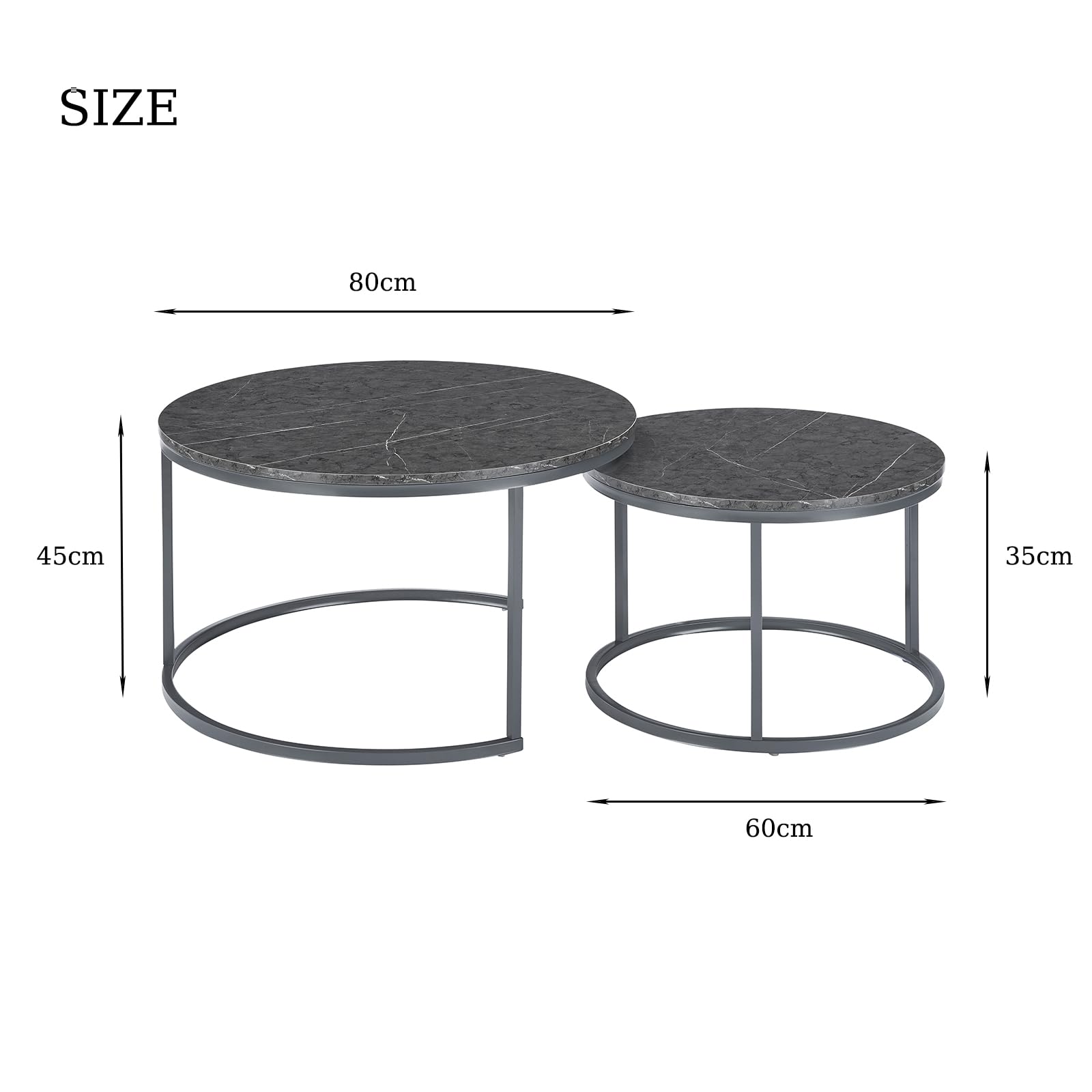 Couchtisch Set Grau Marmor Optik, Wohnzimmertisch für Couch, Grau Marmoroptik und Dunkelgrau Stahl Gestell Runder Tisch Wohnzimmer Modern, Ø80 * H45+ Ø60 * H35