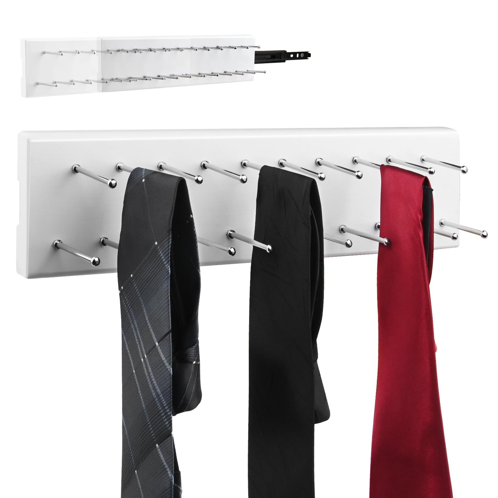 Wood Pull Out Belt Rack for Closet, 21 Tie Hanger Extending Sliding Tie Rack Hanger, Side Mount Sliding Rail Organizer Storage Rack Holder with 21 Hooks for Ties Scarves Belts Shawls, White