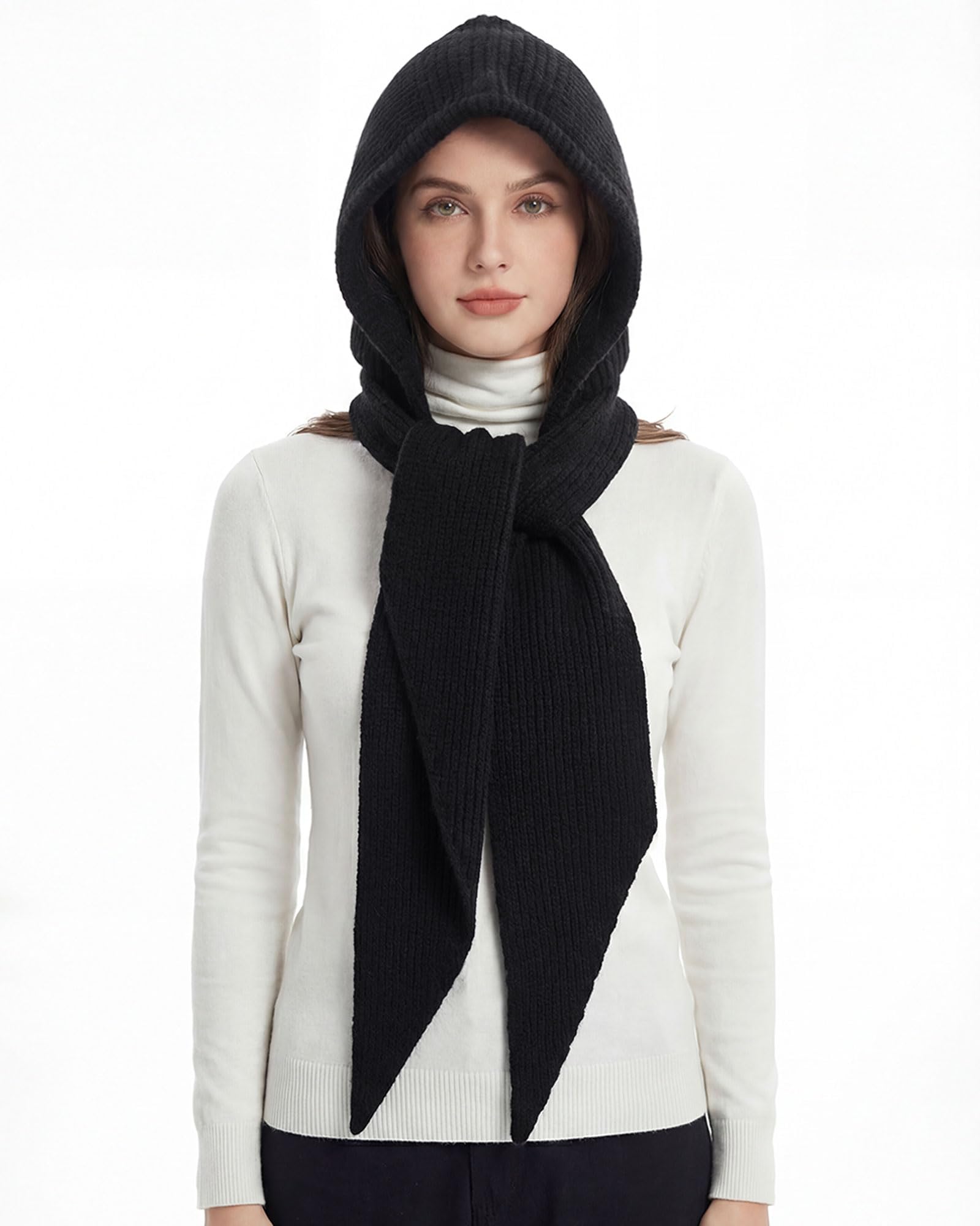 Baonmy Women’s Winter Balaclava Hat 2 in 1 Hooded Scarf Cover Ears with Scarf Knitted Beanie Cap Hat Windproof Neck Warmer - 1