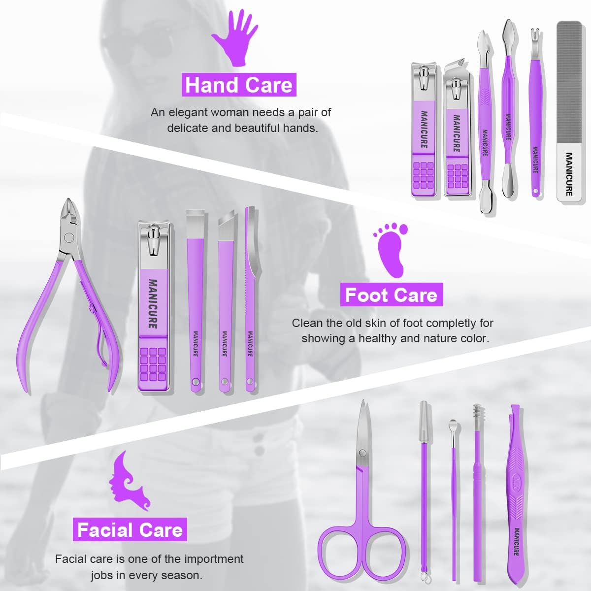 Leipple Manicure Set Professional Nail Clippers Pedicure Kit 16pcs Stainless Steel Nail Care Tool Grooming Kit with Luxury Travel Leather Case Thick Nails for Men Women Gift (Violet)