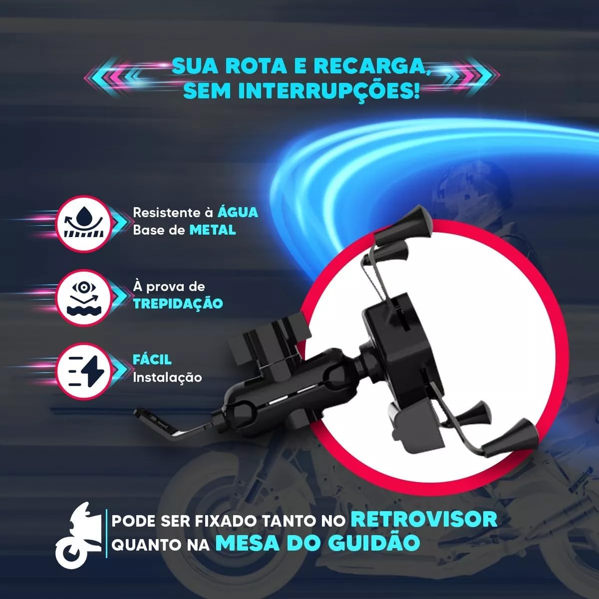 Suporte de Celular para Moto com Carregador USB Resistente, Impermeável, Antivibração, Rotação 360°, Designer Ergonômico, Compatível com Celulares Android e iOS - Premium