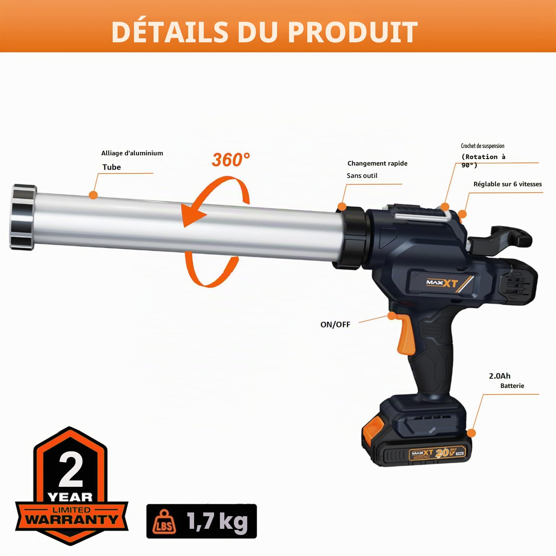 MAXXT Pistolet à Cartouche Electrique, Batteries de 2.0Ah pistolet silicone,de 10oz à 20oz / 300ml à 600ml Mode Anti-Goutte