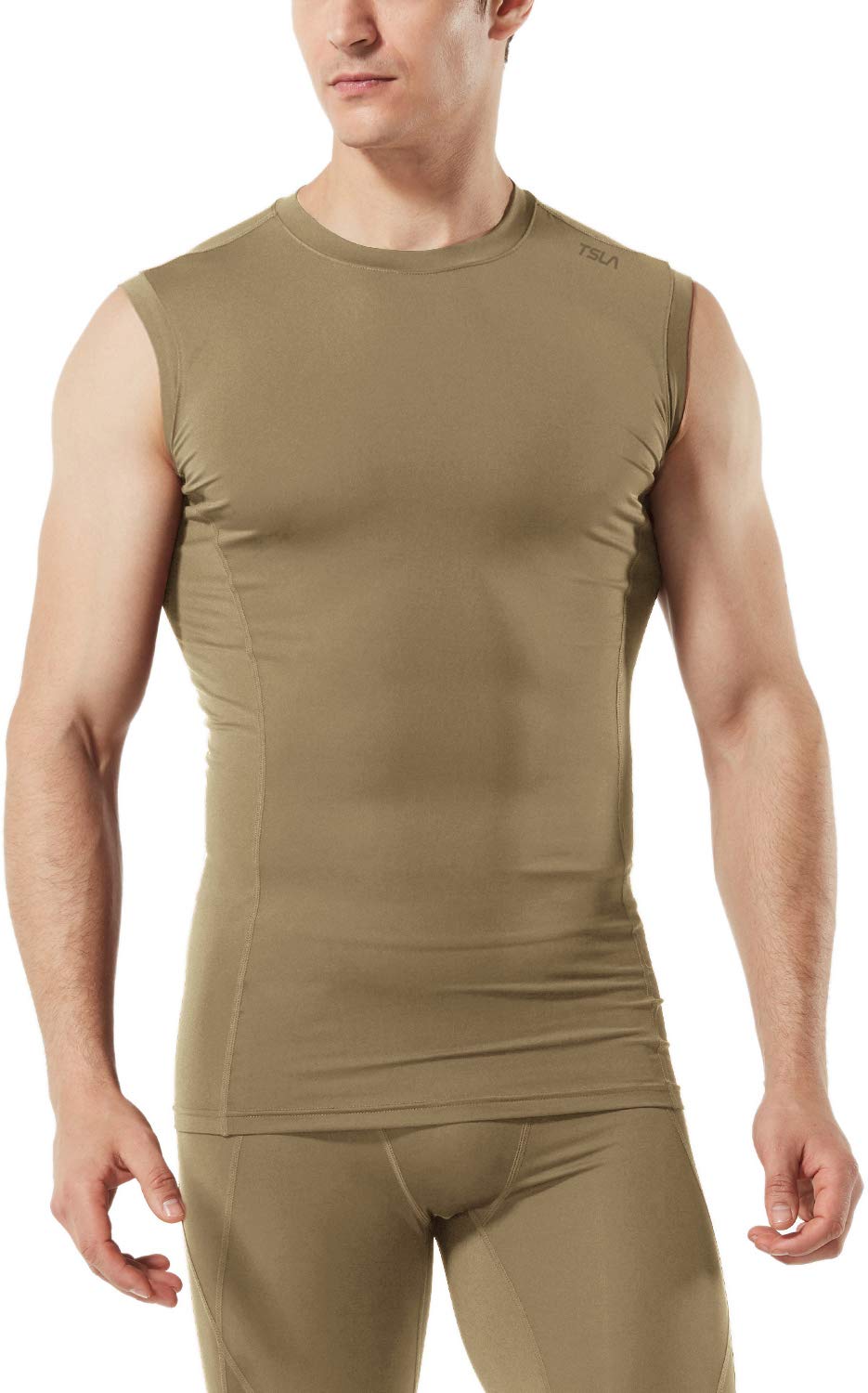 TSLAMen's R-Neck Sleeveless Workout Shirts, Dry Fit Running Compression Shirts, Athletic Training Top