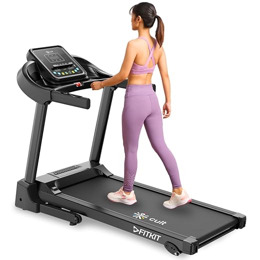 Fitkit FT100 Series (3.25HP Peak) DC-Motorized Treadmill (Inclination: Manual, Max Weight: 110 Kg) with Free At Home Installation and Connected Live Interactive Sessions by Onefitplus