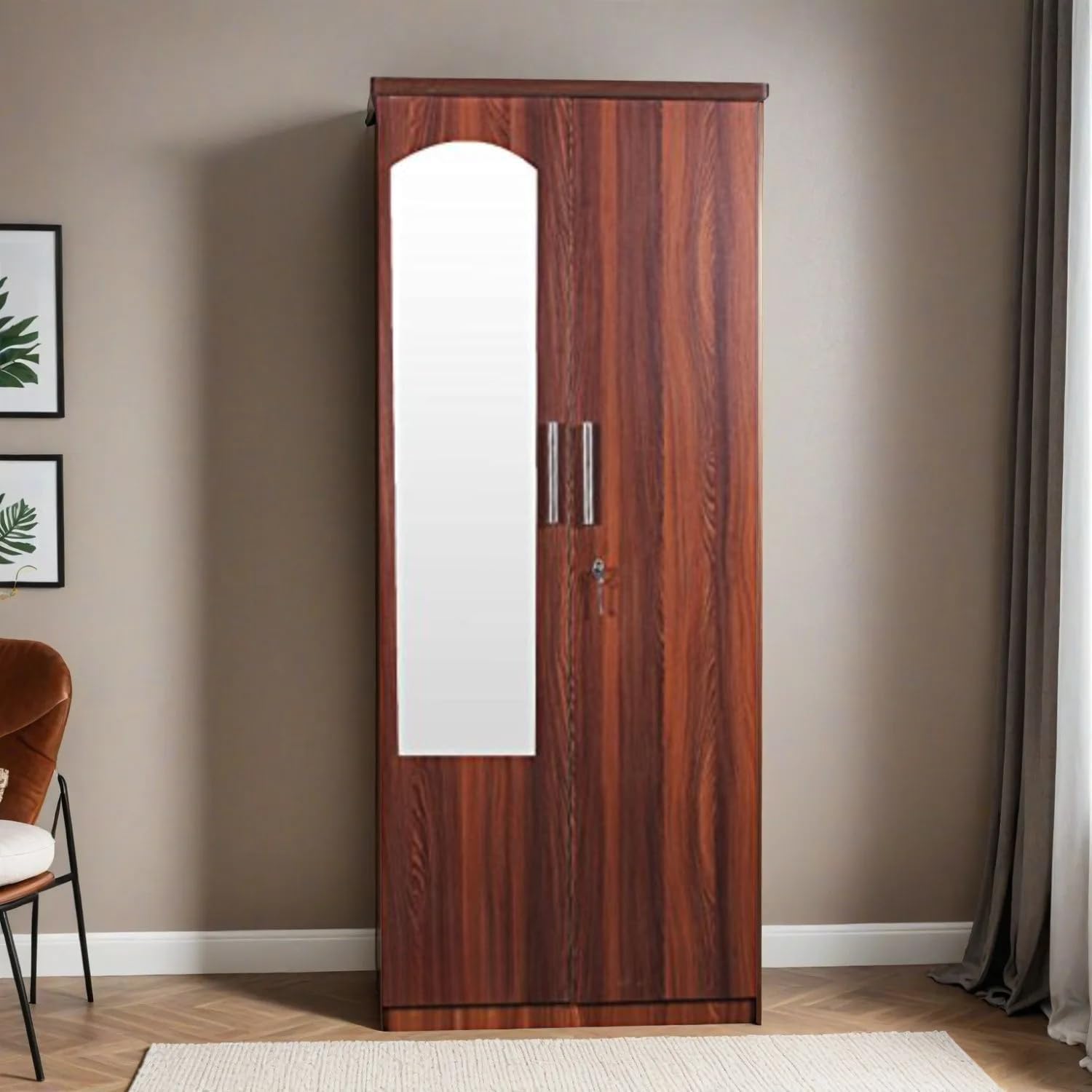 CASPIAN Engineered Wood Double Door Wooden Wardrobe (Brown) | Pre-Assembled Furniture with Mirror | Streak Textured Almirah for Bedroom Clothes Storage Organizer with 5 Shelves & 2 Drawers-image-14