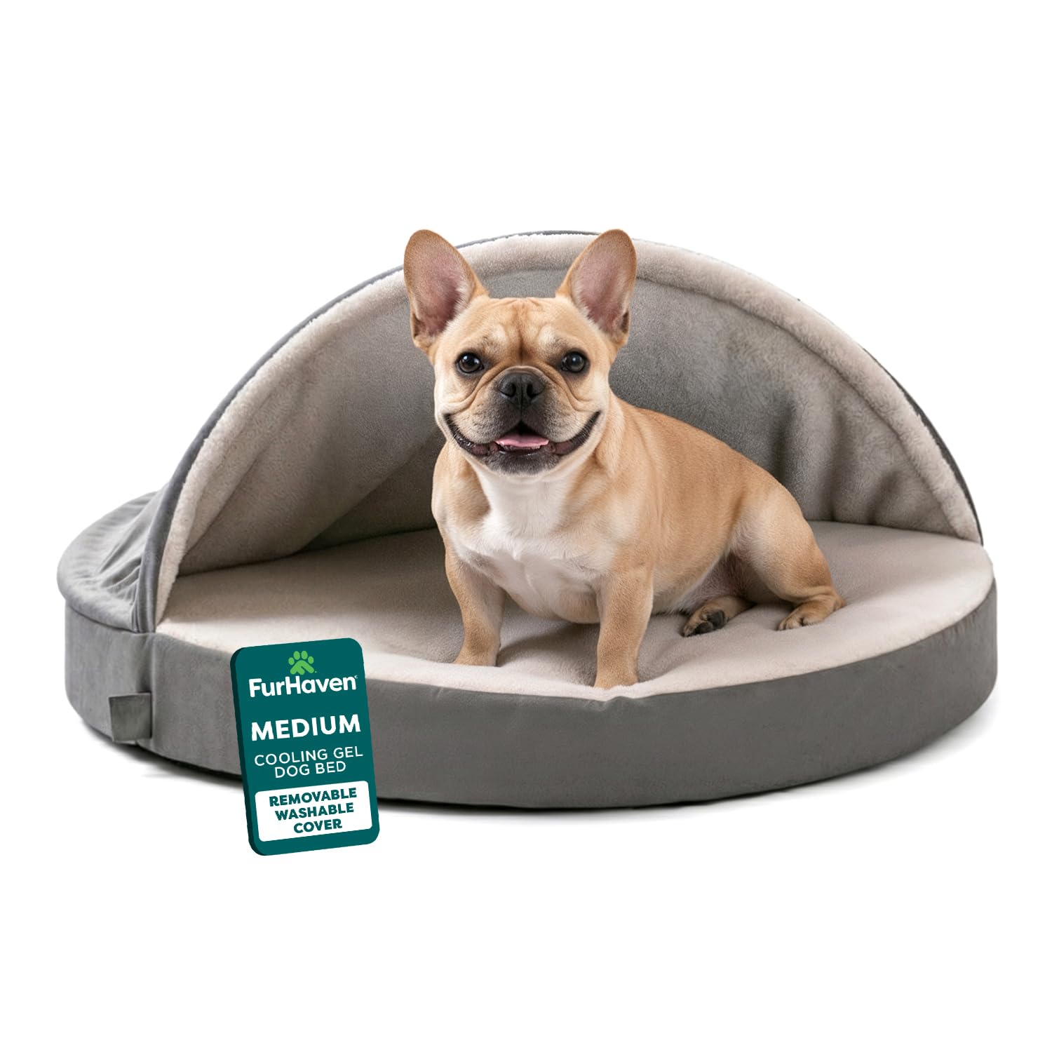 FurHaven 26" Round Cooling Gel Foam Dog Bed Sherpa & Suede Snuggery w/Removable Washable Cover - Gray, 26-inch โ image 1