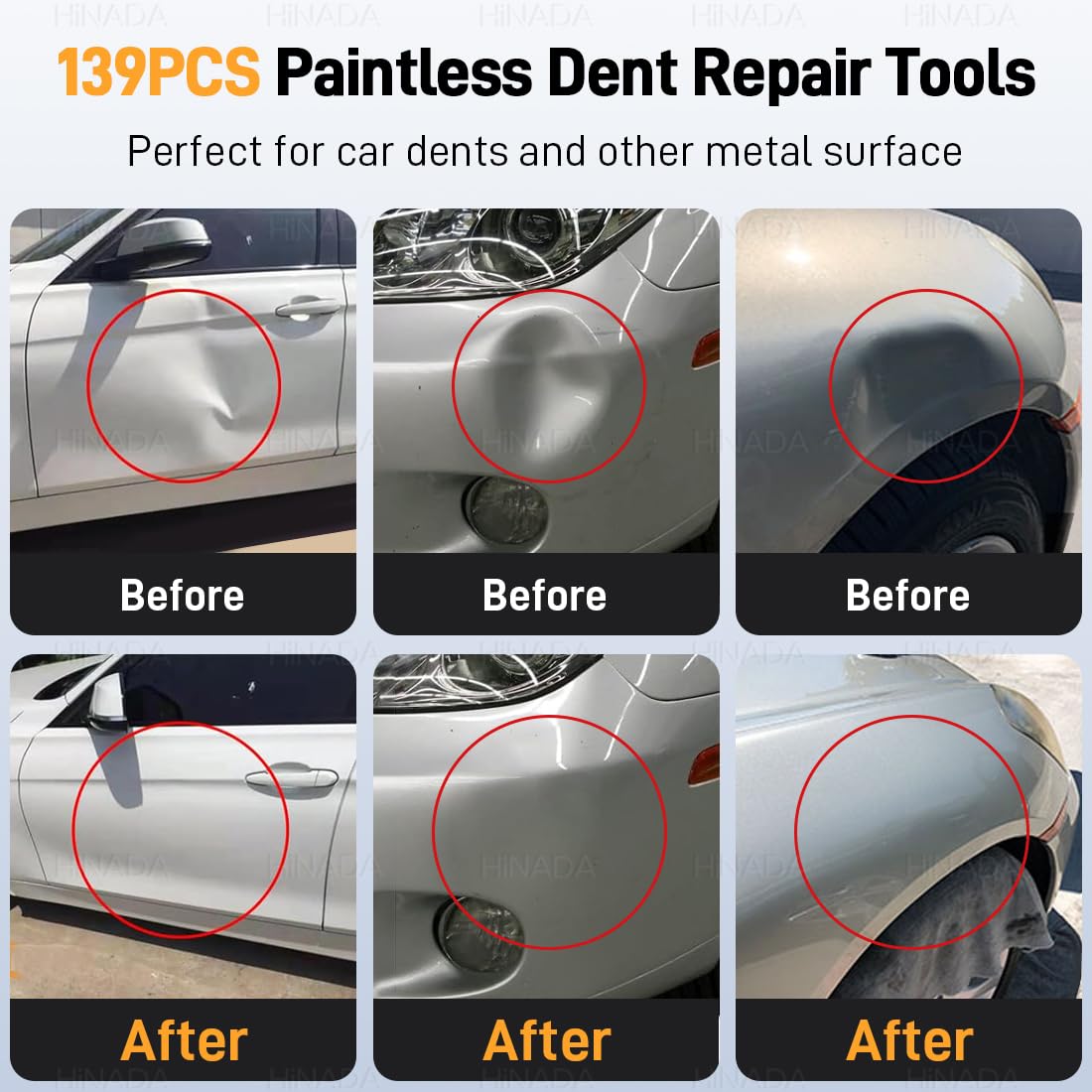 HiNADA 139Pcs Auto Dellen Reparaturset, Auto Reparatur Ausbeulwerkzeug Lackfreies Dent Reparatur Puller Kit PDR Werkzeugset für Hagelschaden, Karosserie & Beulenentfernung