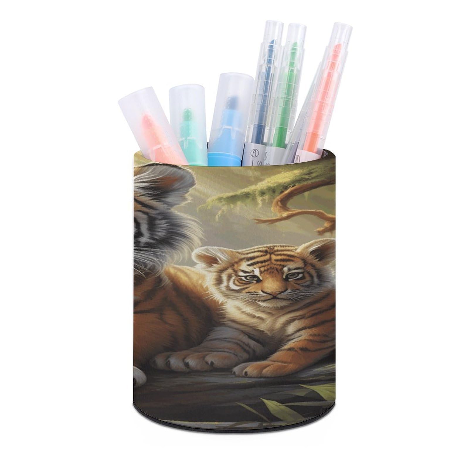 VstaDank Jungle Tigers Cub Pen Holder PU Leather Pencil Cup Minimalist Desk Pencil Holder Round Make Up Brush Organizers For Office Dorm Room&Vanity Desk Accessories