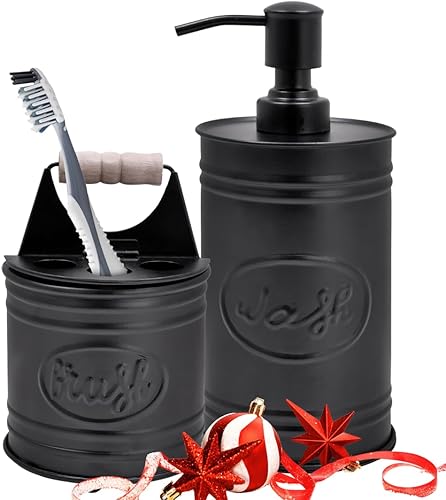 Autumn Alley Juego de accesorios de baño rústicos, dispensador de jabón y soporte para cepillos de dientes, accesorios de baño occidentales,
