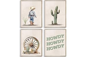 Western Nursery Decor: Unframed Cowboy Hats and Cactus Boho Beige Wall Art Prints