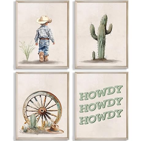 Western Nursery Decor: Unframed Cowboy Hats and Cactus Boho Beige Wall Art Prints