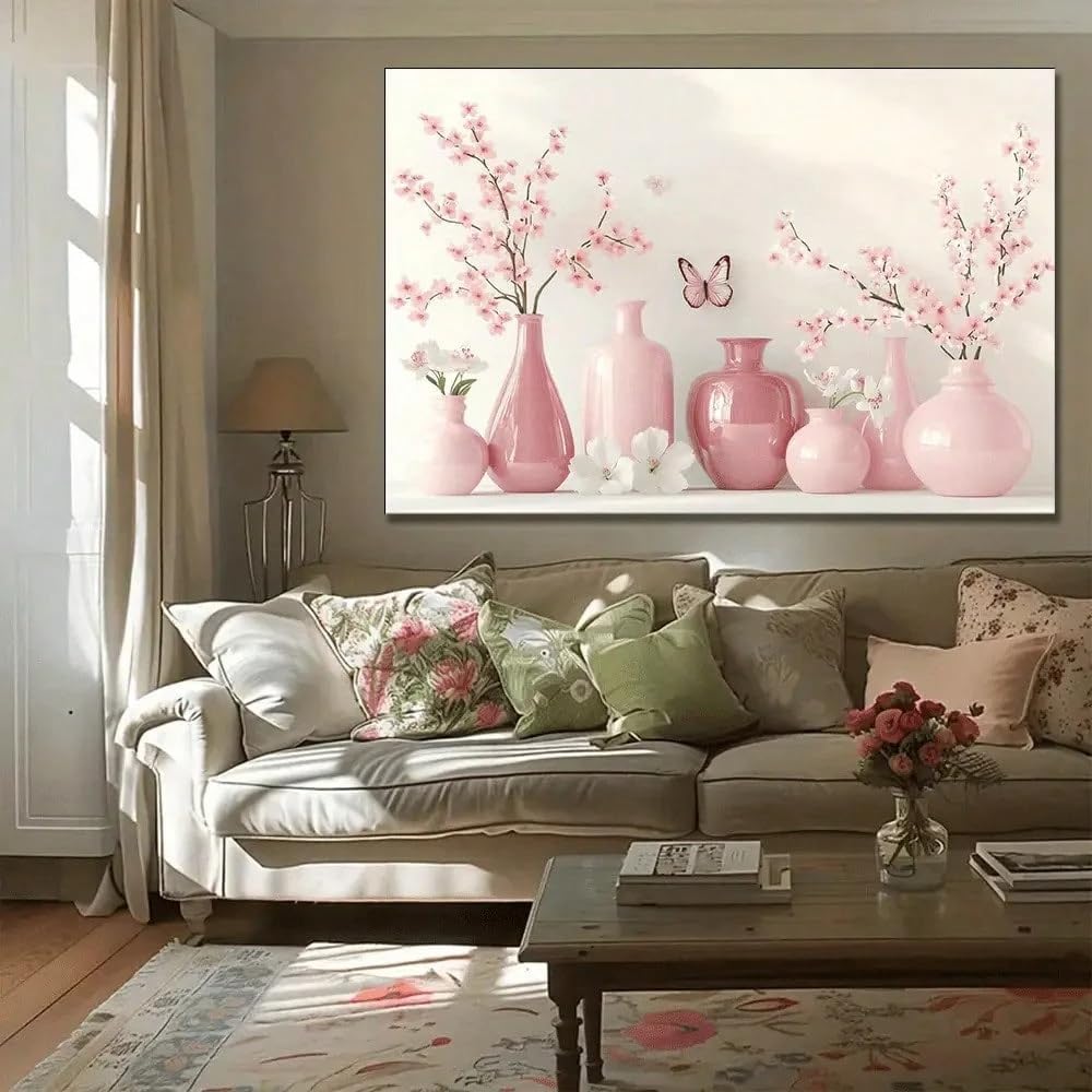 1 lienzo decorativo de pared con diseño de jarrón de cristal rosa y arreglo floral, ideal para la decoración de la sala de estar, el baño o la cocina (50x70cm/Sin marco).