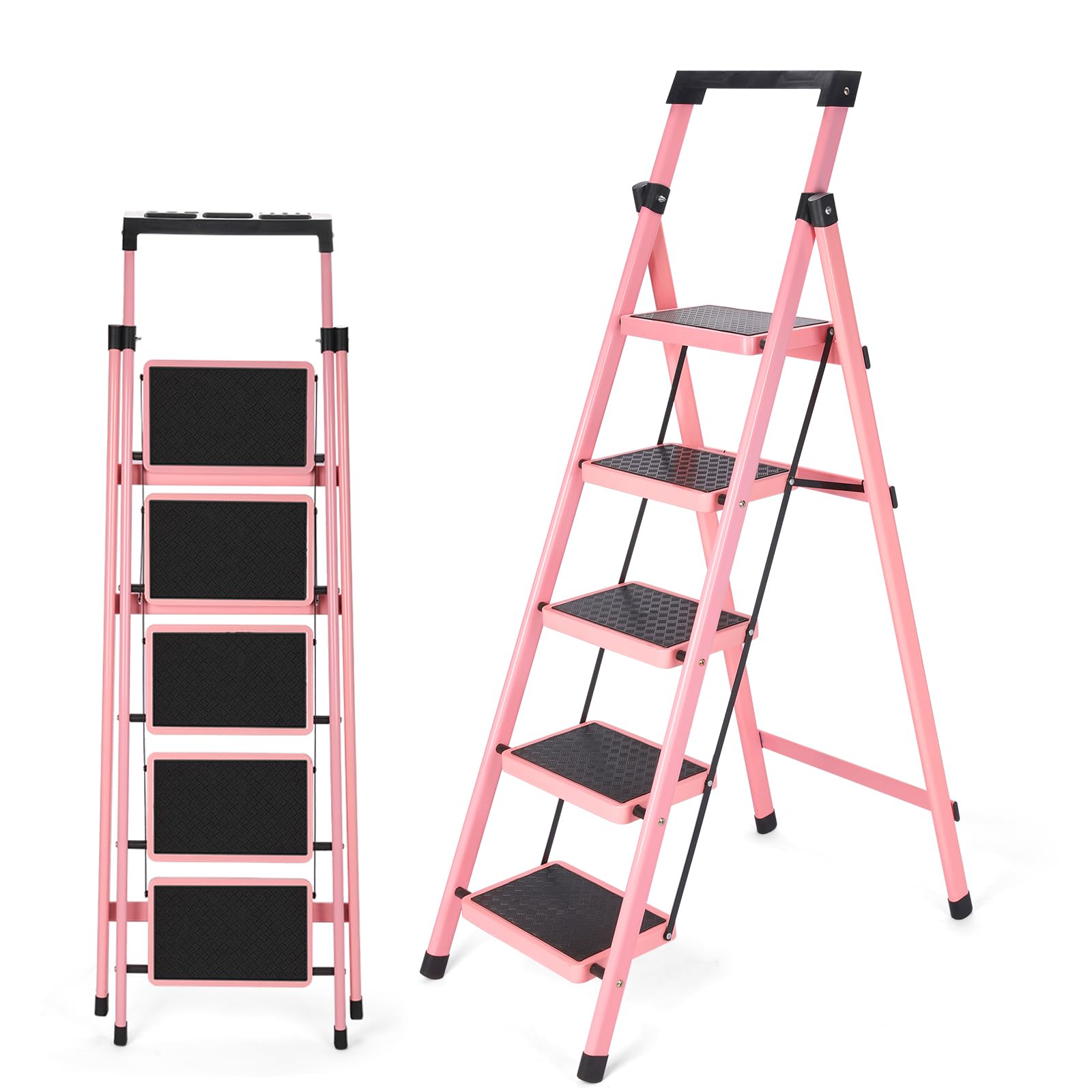 Faltbare Tritthocker-Leiter, Mehrzweck-Trittleiter mit Anti-Rutsch-Pedal, zusammenklappbarer Stabiler Tritthocker mit Werkzeugablage, tragbare Stahlleiter für Erwachsene, für Zuhause, Küche (Pink C)
