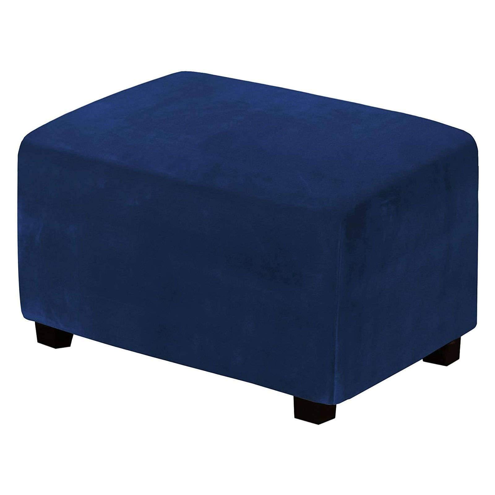 Jhld Navy Velvet Ottoman Cover, Solid Color Stretch Ottoman Cover Rectangle Ottoman Slipcover With Stretch Bottom For Living Room-Large
