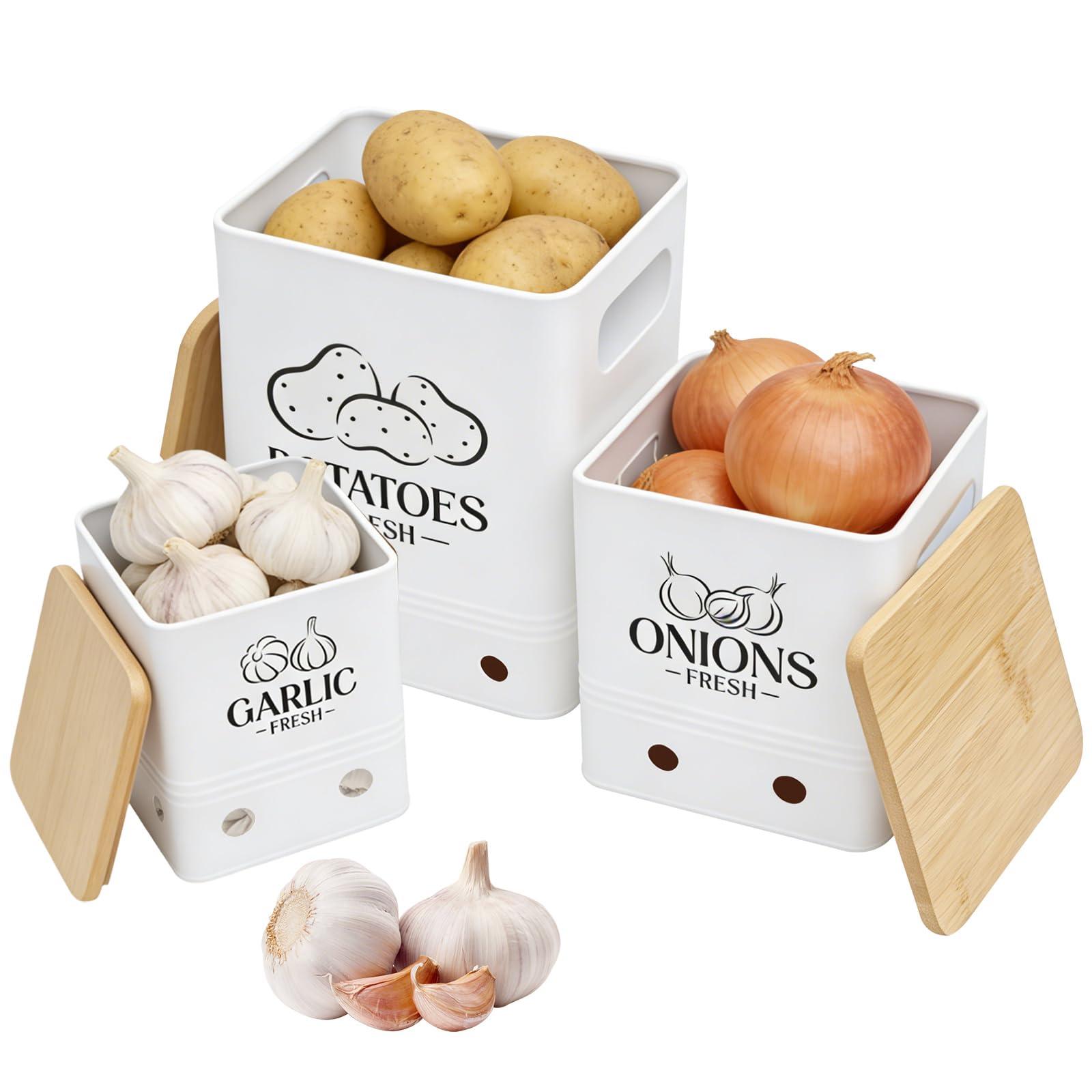 Anihet White 3 Pcs Vegetable Storage Tins, Metal Onion Garlic Potato Storage Jars Set With Aerating Holes And Wooden Lid, Vegetable Fresh Keeper Containers For Kitchen Pantry(White)