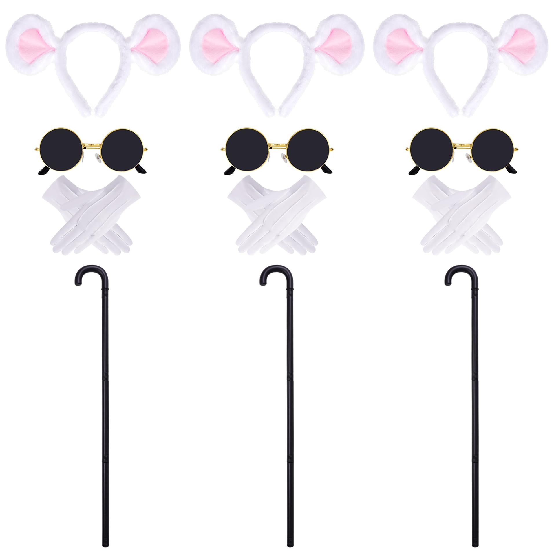 baotongle Juego de accesorios para disfraz de ratón, 12 unidades, diademas de ratón, redondas, gafas de sol plegables, guantes blancos para carnaval