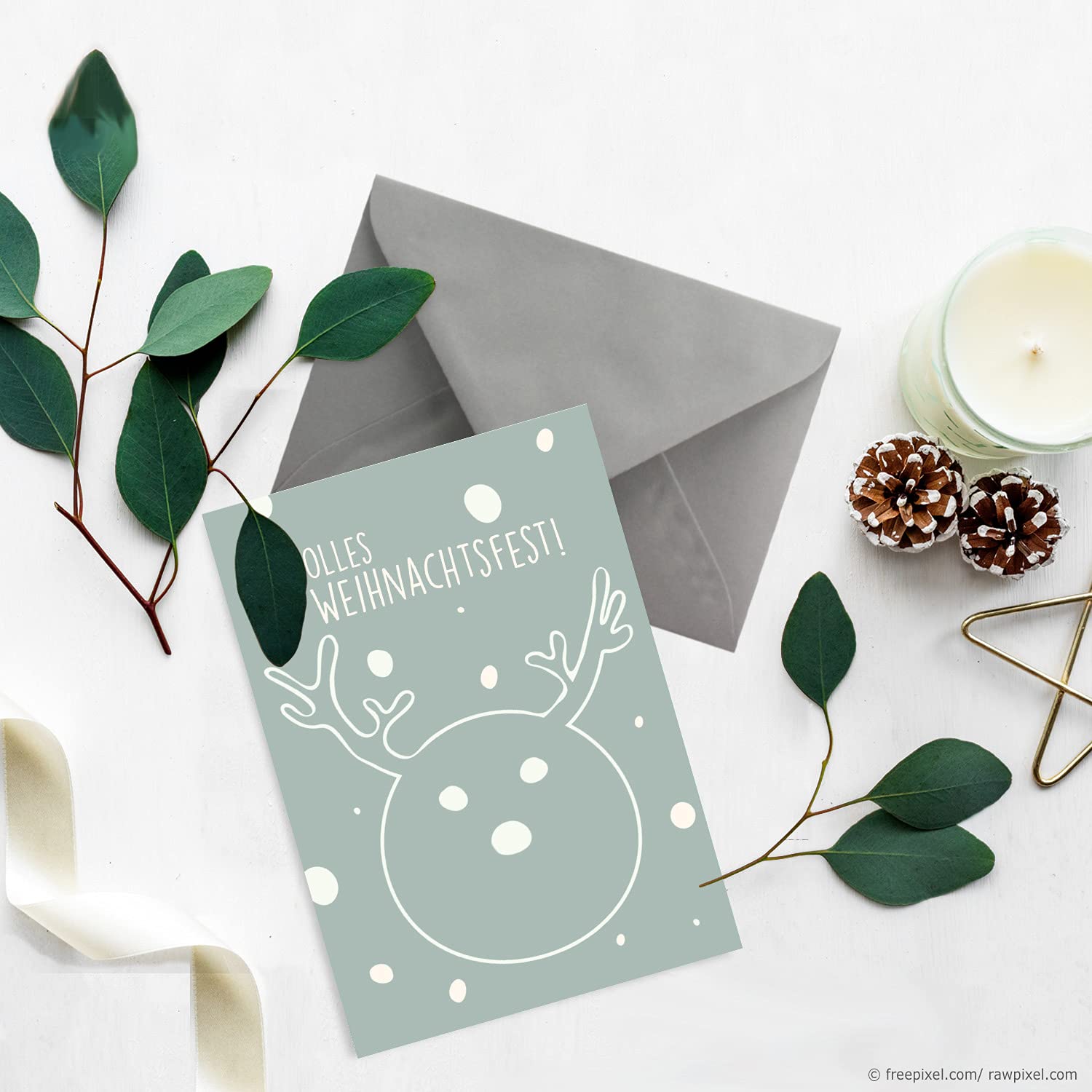 Juego de 75 tarjetas de Navidad sostenibles DIN A6 en azul con renos y texto – Tarjetas plegables con sobres DIN C6 gris oscuro (gris) con adhesivo húmedo – saludos de Navidad para empresas y privados