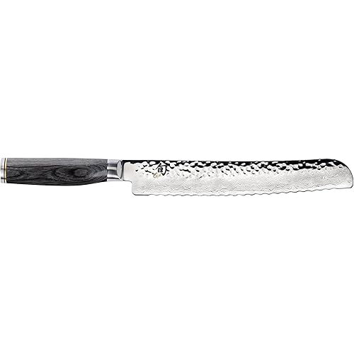 Shun Cutlery Premier Grey Bread Knife 9”, Long Serrations Glide Through Bread, Hammered TSUCHIME Finish, Ideal for Cakes and Pastries, Authentic, Handcrafted, Japanese Serrated Kitchen Knife