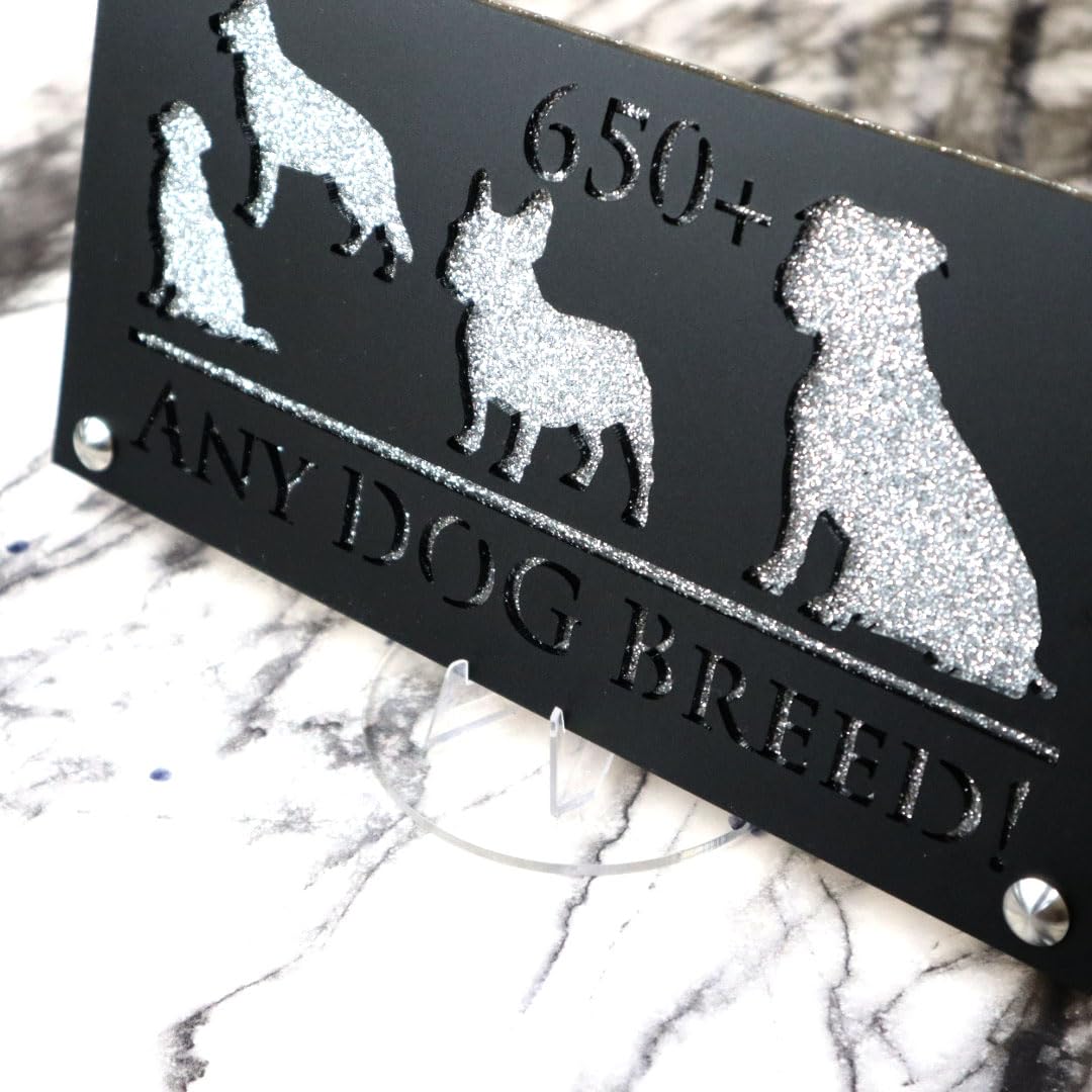 K Smart Sign | 280mm x 140mm | Personalised Dog Luxe property house Dogs wall number address Any-Dog personalised plaque numbers signs fully personalised choose your own (Black & Silver Glitter)