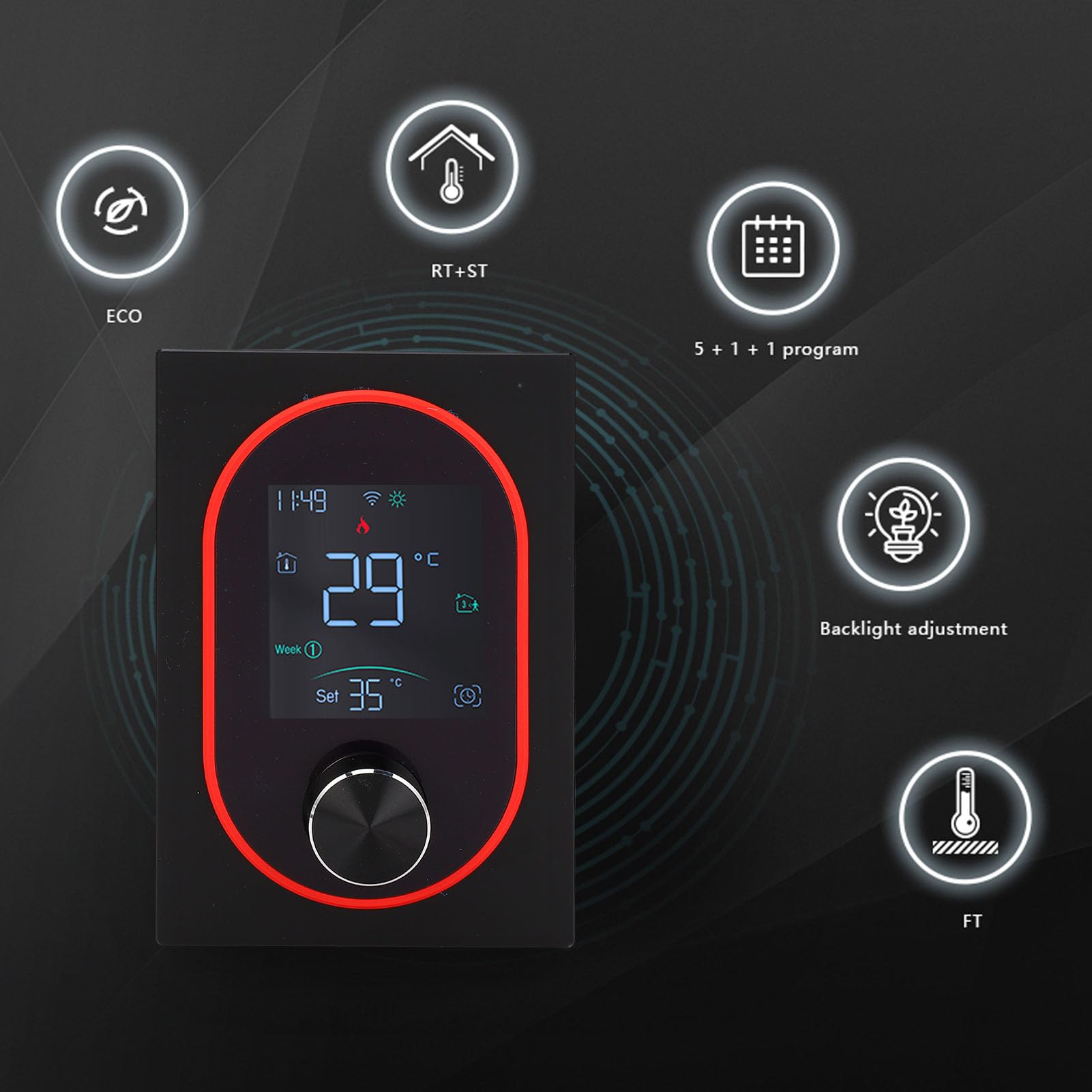 Inteligentny termostat pokojowy WiFi regulator temperatury tygodniowy programowalny wyświetlacz LED energooszczędny dla domowego komputera ABS 2,4 GHz WiFi (Black)