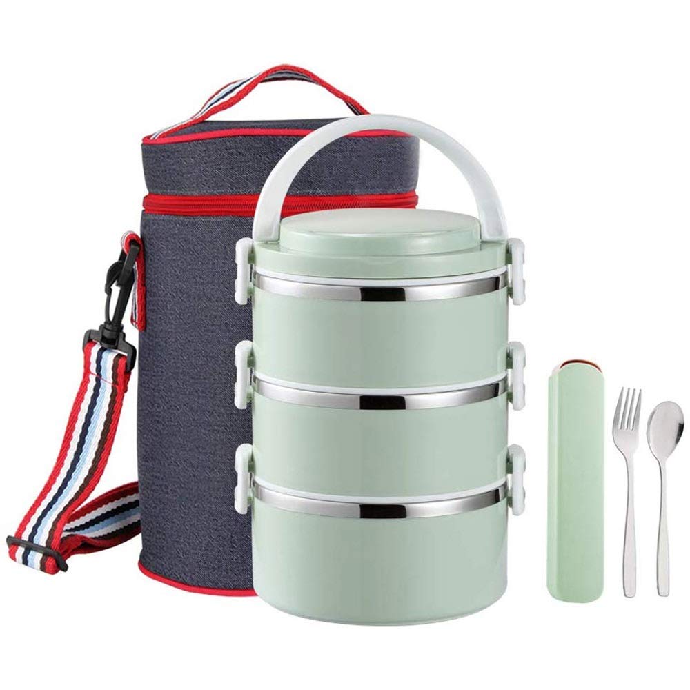 WSJTT Home Stackable Stainless Steel Thermal Compartment Lunch Box 3-Tier Insulated Bento Box/Food Container with Insulated Lunch Bag and Foldable Stainless Steel Spoon