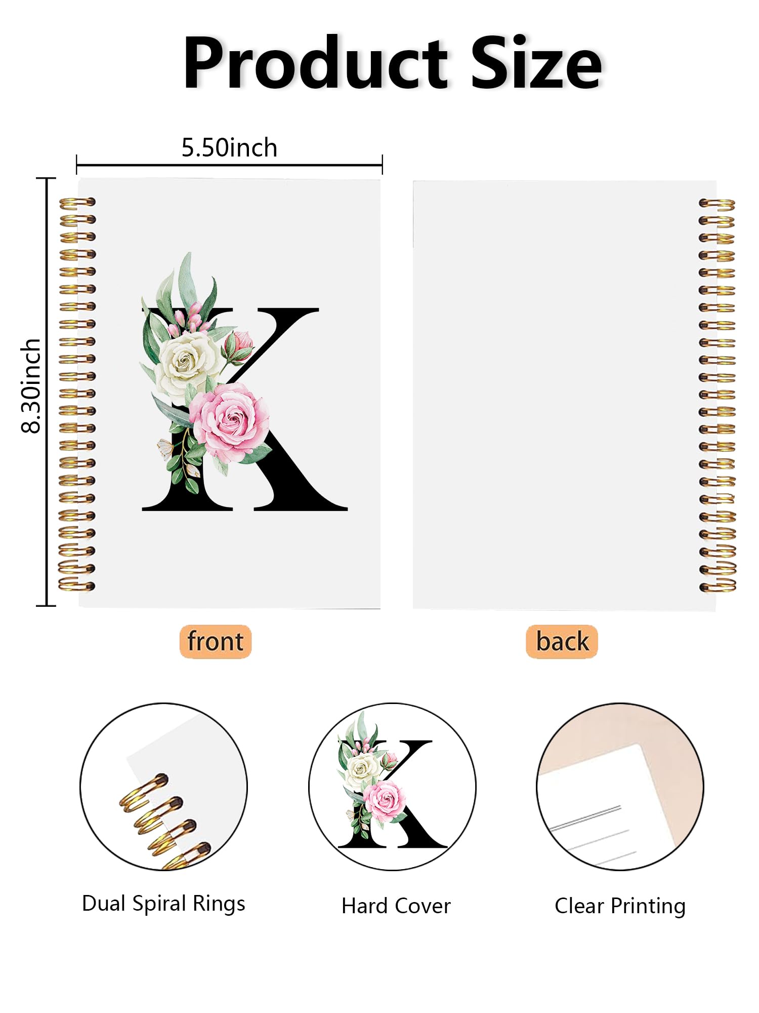 Cuadernos florales con monograma K en espiral – Diario de tapa dura con letra inicial K, lindo cuaderno de tapa dura personalizado para escribir, monograma personalizado regalos para mujeres