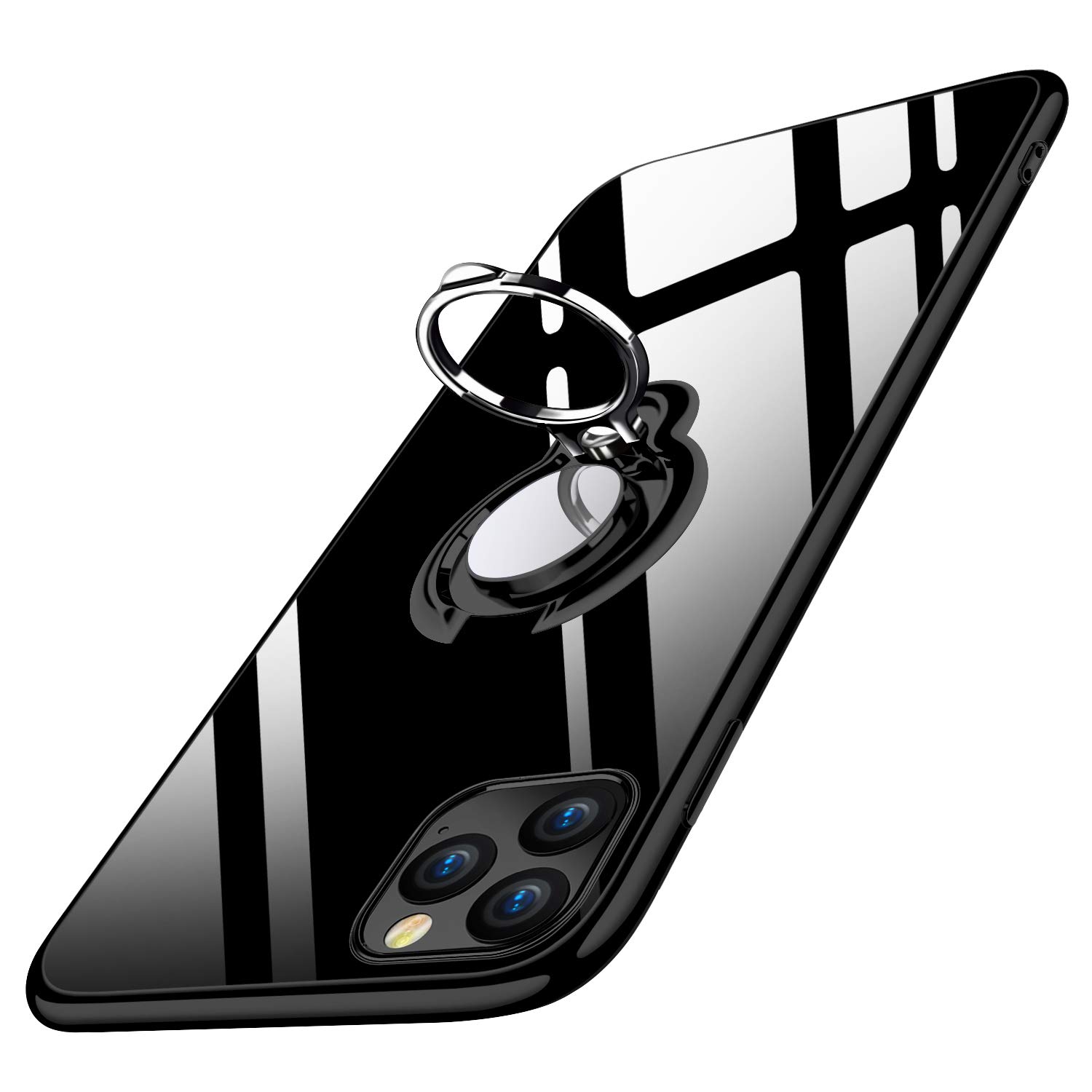 iPhone 11 Pro Case Clear with Design, Soft TPU Silicone Case with 360 Rotatable Ring Kickstand Magnetic Mental Car Mount Transparent Flexible Rubber Cover 5.8 inch - Black