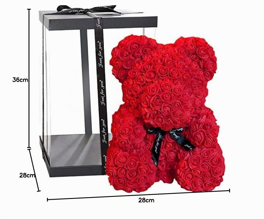 Oso de Rosas 40cm con Caja de Regalo - Rose Bear 40cm Oso Rosas Artificiales Foam - Regalo San Valentín, Enamorados, Aniversario, Amor, Cumpleaños, Regalo romántico (Rojo)