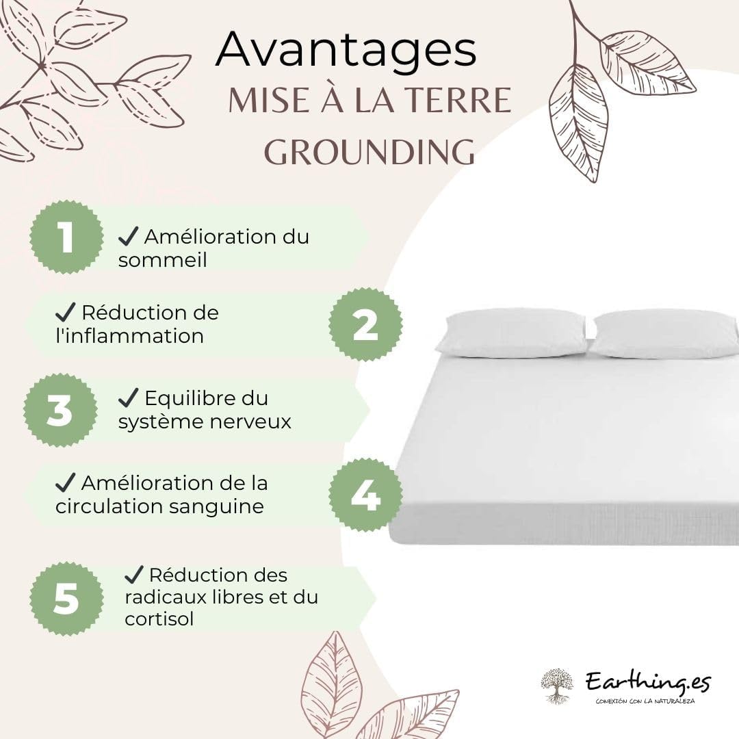 Drap de terre et de mise à la terre | Améliore le sommeil profond | Coton bio certifié GOTS avec argent | Ensemble complet pour lit double - Queen Size - 160 x 200 x 30 cm