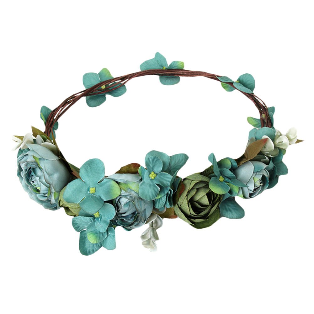 Bueer Flower Wreath Headband Crown Floral Garland Boho for Festival Wedding (D-green)