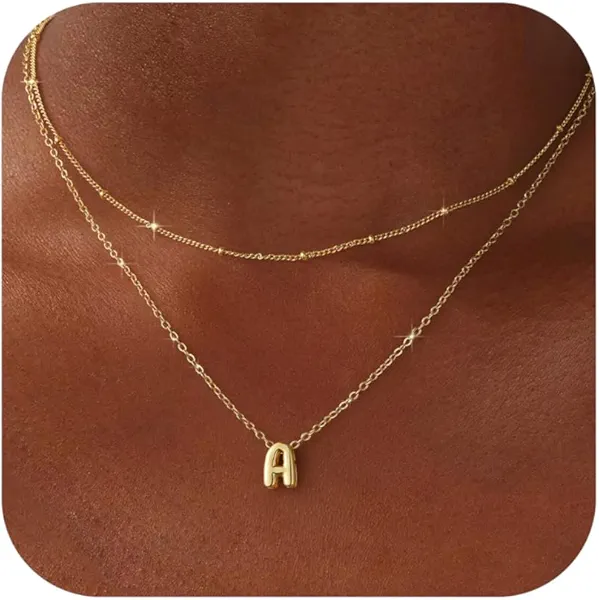 Thaivor Bubble Letter Necklace Layered Initial Necklaces for Women Dainty Cute Choker Pendant Stack Jewelry Teen Gift Trendy Stuff