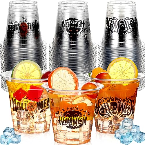Sliner 60 Pcs 12oz Halloween Cup Happy Halloween Clear Disposable Plastic Cups Bat Ghost Spider Halloween Party Supplies for Cold Drink Beer Ice Cream Beverage Snacks Trick or Treat Party Decoration