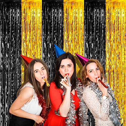 Image of 4 Pack 3.2Ft x 8.2Ft Black Gold Foil Fringe Curtain Backdrop, Metallic Tinsel Foil Fringe Streamers Curtains Background for Photo Booth, Birthday, Wedding, Mardi Gras, Graduation Party Decoration