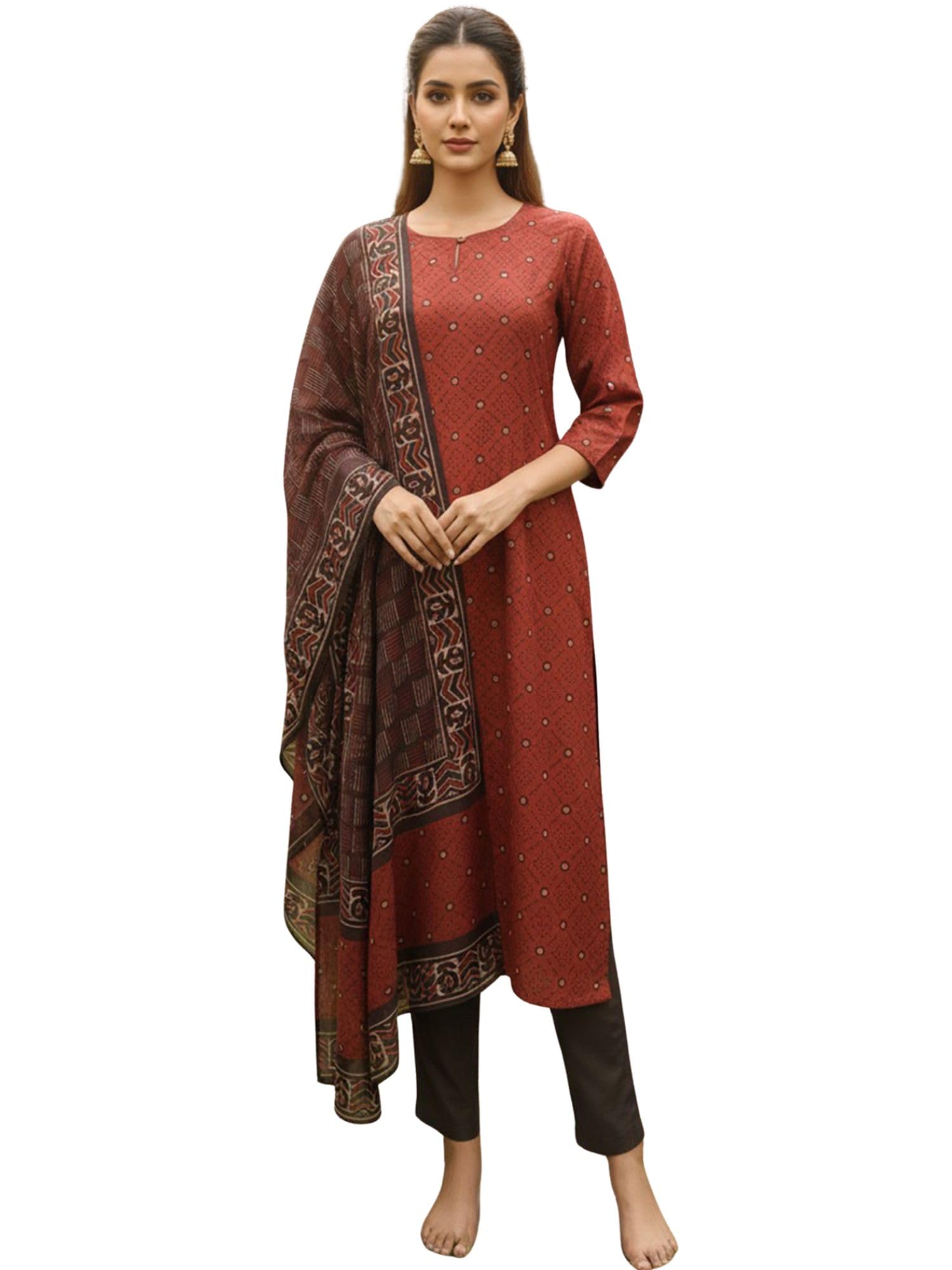 Women's Maroon Rayon Blend Printed Straight Geometric Kurta Trousers With Dupatta Set | Daily Straight Kurta Set For Women | Geometric Salwar Suit For Women-image-3