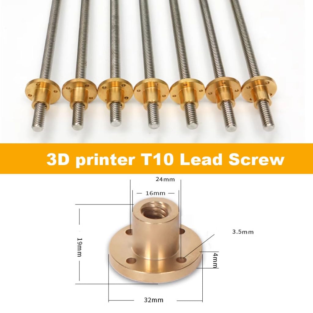 Varilla roscada de acero inoxidable, 1 pieza T10 de acero inoxidable for impresora 3D CNC, longitud 100, 200, 300, 400, 500, 600, 700, 800, 1000 mm, paso de 10 mm, tornillo y tuerca de cobre.