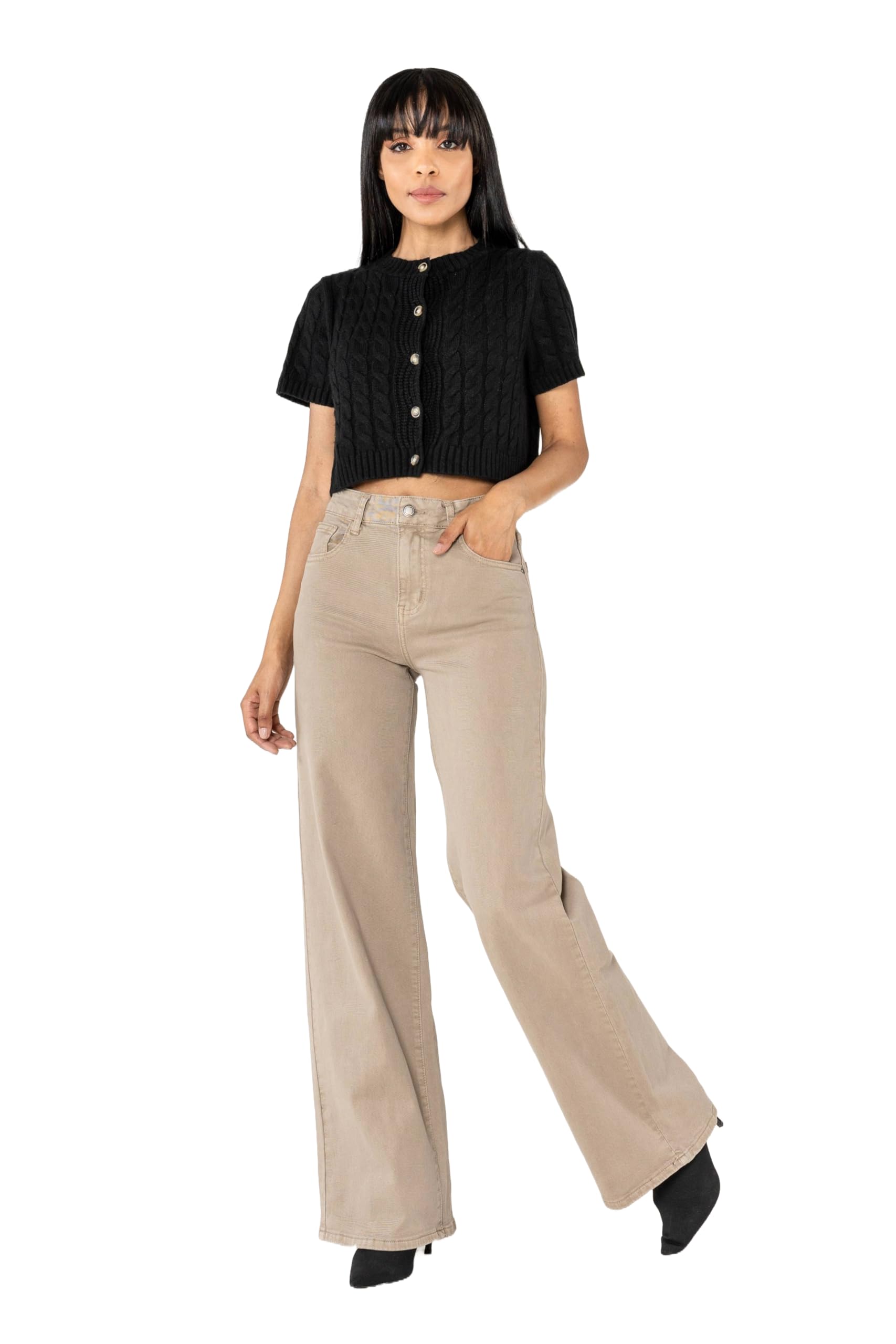 Nina Carter J251 damskie spodnie jeansowe z wysokim stanem szerokie nogawki rozciągliwe Used Look