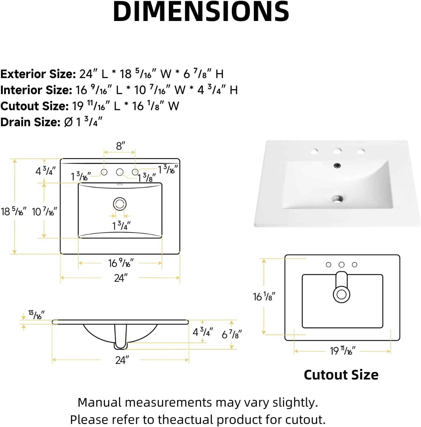 24"W x 18"D Drop In Bathroom Sink with 3 Holes for 8-in Widespread Faucets, Los Flexi Rectangular White Ceramic Vanity Top Sink for 24 Inch Bathroom Vanities
