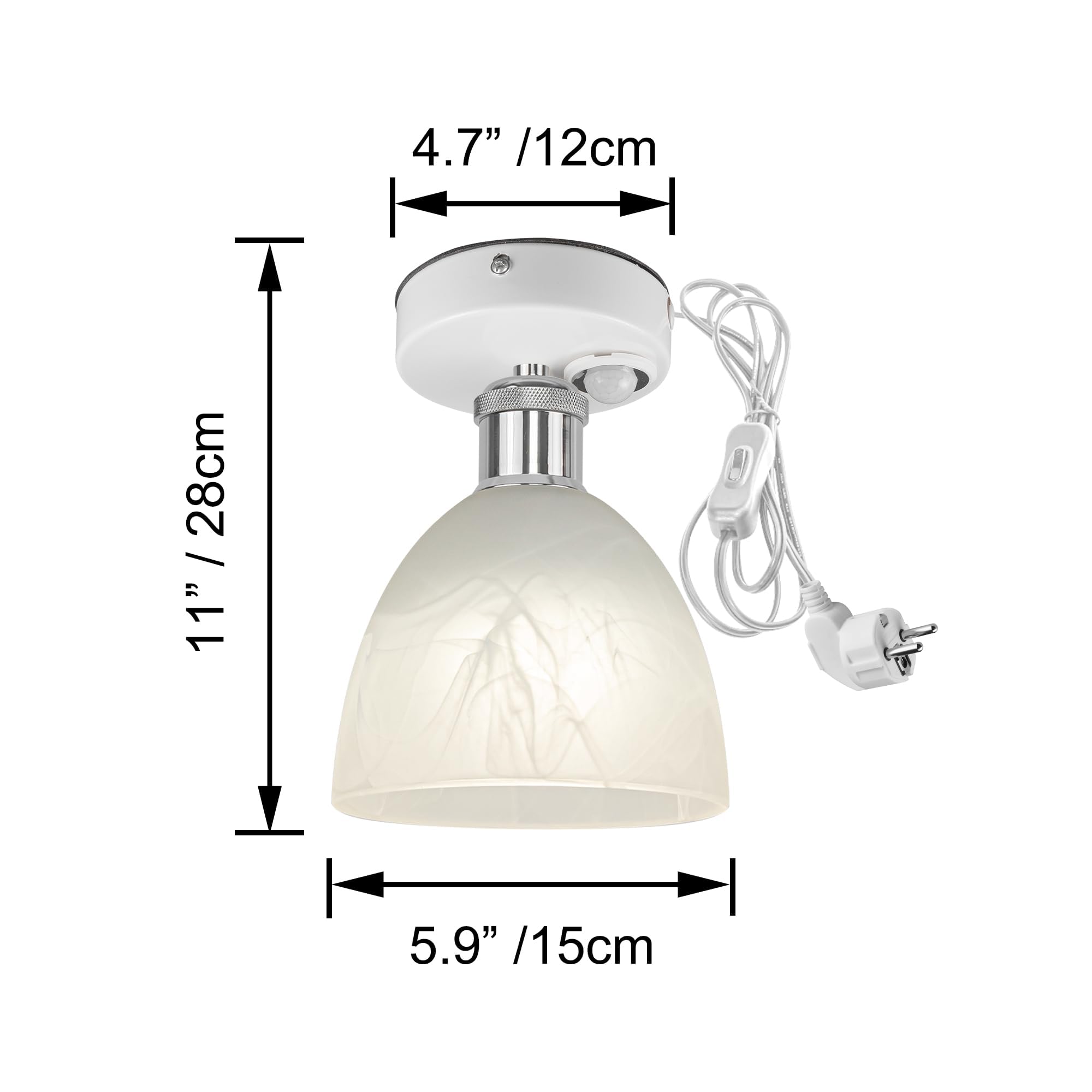 Plafoniera con sensore di movimento interno, moderna lampada da soffitto in vetro smerigliato, sensore di movimento radar con cavo da 4,5 m e portalampada E27, per corridoio, bagno, scale,