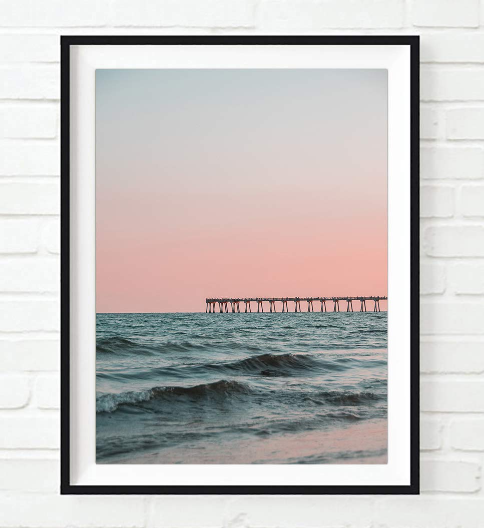 Boardwalk at Pink Sunset Sunrise Beach Ocean Nautical Photography Print, Unframed, Home and Wall Decor, 8x10 Inches