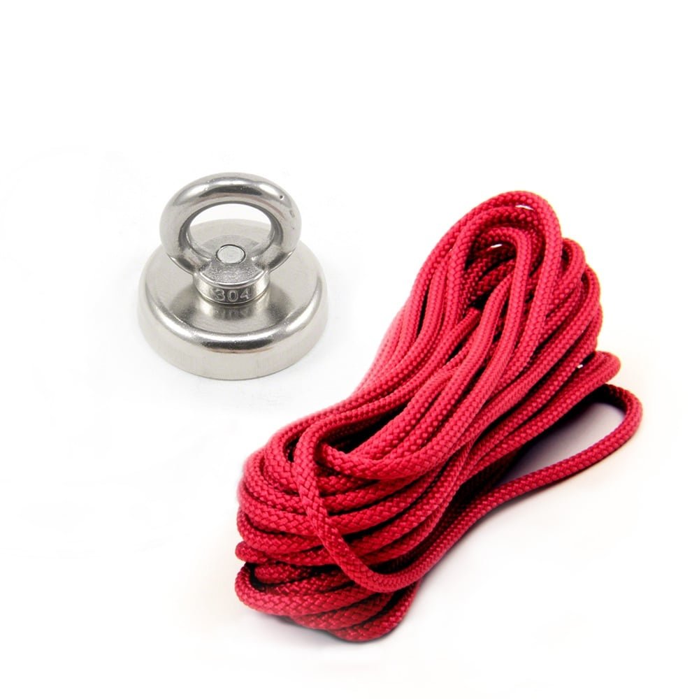 Neodymium Clamping Magnet with M8 Eyebolt and 10 Metre Rope for Treasure Hunting, Recovery, Retrieval and Magnet Fishing - 48mm dia - 90kg Pull