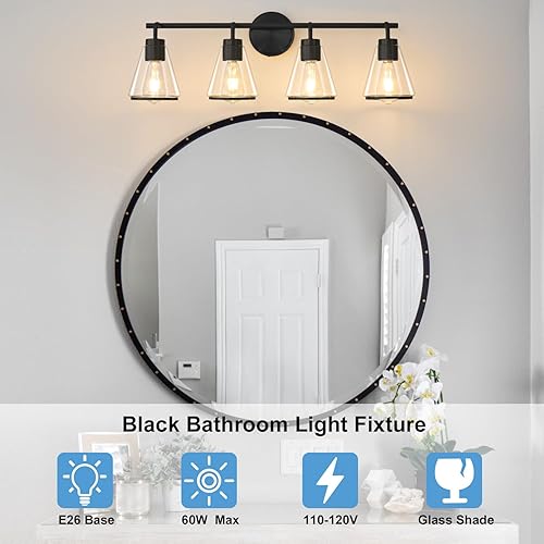 Miniatura 2 de Lámparas de baño negras de 4 luces para tocador de baño sobre espejo con pantalla de vidrio transparente, luces de tocador de 30 pulgadas para