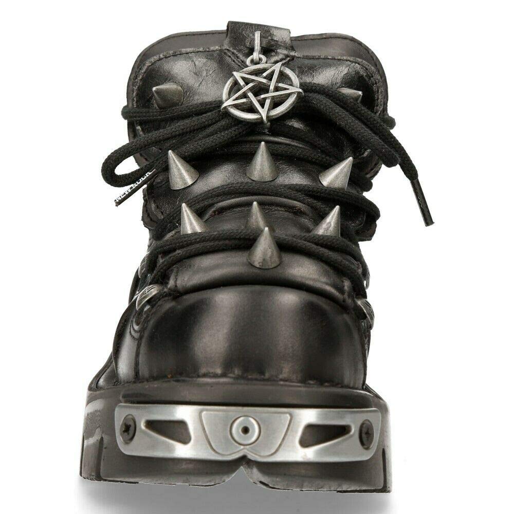 New Rock 110-S1 Women's Black Leather Spiked Ankle Boots: 7 Black