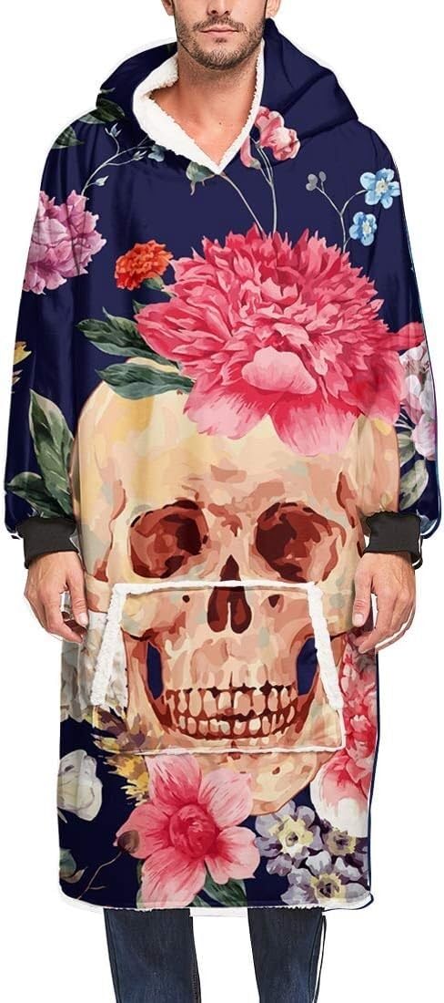 Couverture à capuche surdimensionnée imprimé tête de mort, idée cadeau homme et ado
