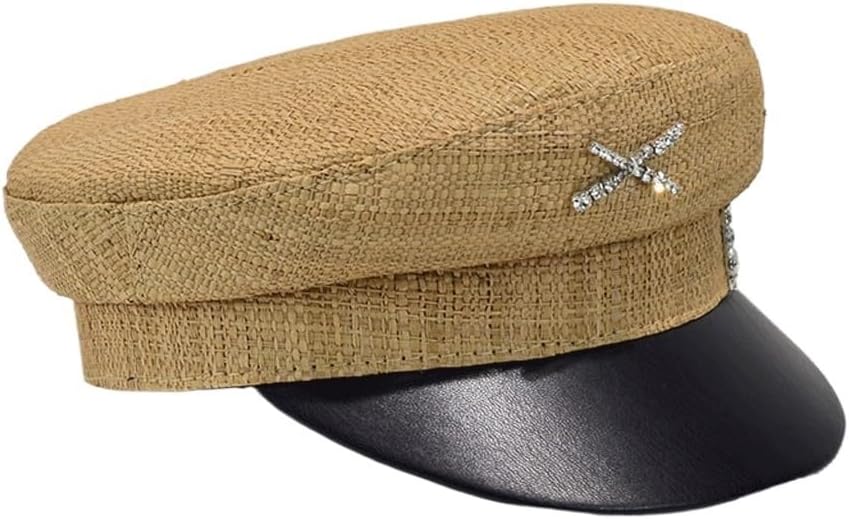 Spring and Leather Along Raffia Army Hat Women's Rhinestone Letter Cap Shopping Trip Shot Visor