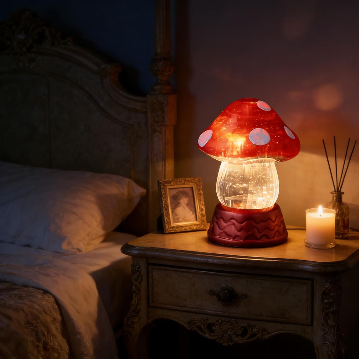 キノコ型ナイトスタンドランプ 雪景色シミュレーション付きLEDナイトライト 寝室 リビング用の柔らかなベッドサイド照明 バッテリ