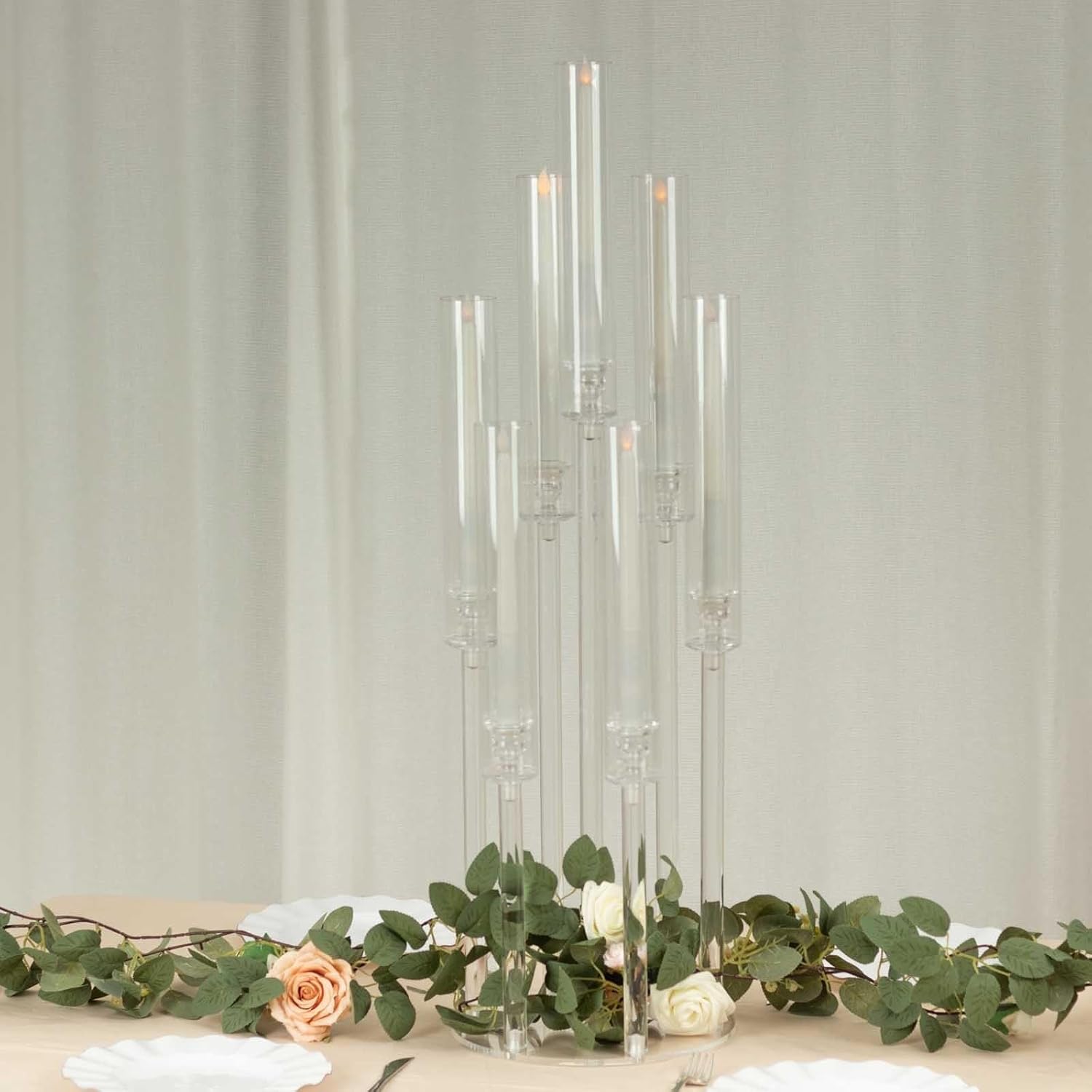 Clear 33 in Round 7 Arm Acrylic Cluster Taper Candle Holder Candelabra - Wedding Reception Party Dining Table Home Decorations