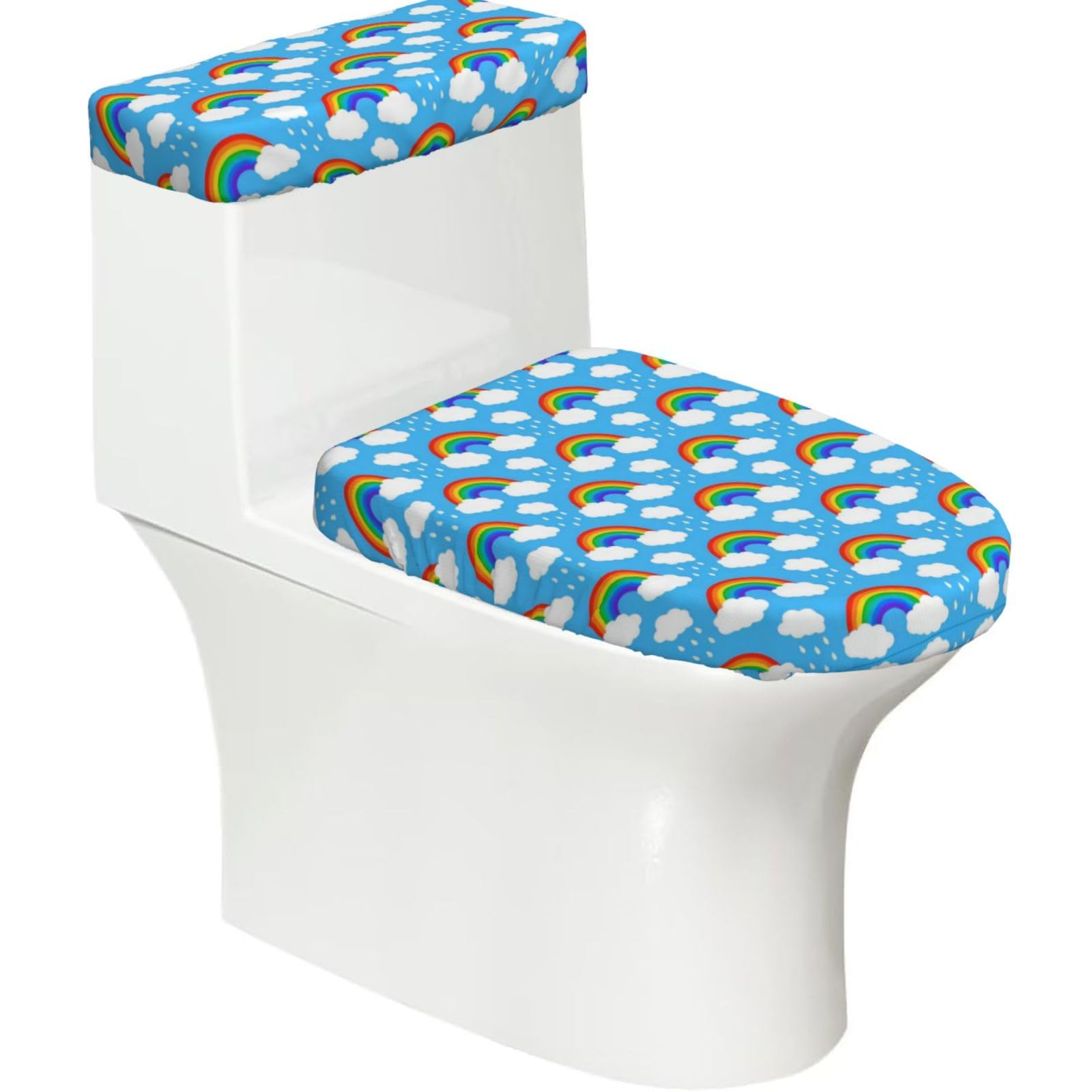 Rainbow Clouds Raindrop 2-Piece Toilet Seat Cover Set with Tank Lid - Elastic for U-Shape & Elongated - Bathroom Decor